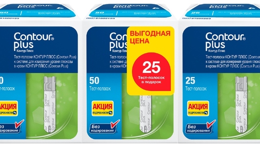 Contour plus Контур Плюс тест-полоски для глюкометра 50 шт x 2 + 25 шт ...