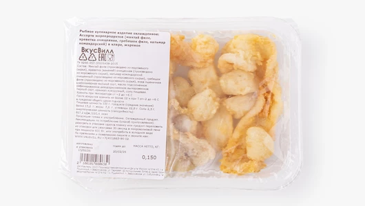 Ассорти из&nbsp;рыбы и&nbsp;морепродуктов в&nbsp;кляре, 150 г