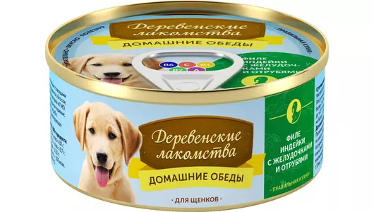 ДЕРЕВЕНСКИЕ ЛАКОМСТВА Корм влаж.филе индейки с желудочками и отрубями д/щенков конс.100г