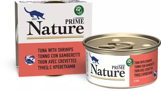 Влажный корм Prime Nature для любых кошек, тунец с креветками в желе 85гр