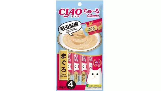 Лакомство INABA CIAO CHURU для кошек, для вывода шерсти из ЖКТ, тунец магуро и экстракт морского гребешка, пюре 4 шт по 14 гр (56&nbsp;гр)