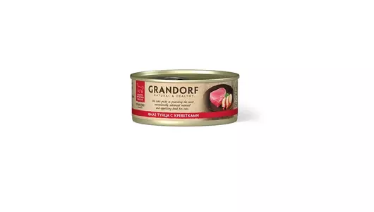 Влажный корм Grandorf беззерновой, для любых кошек, филе тунца с креветками 70гр