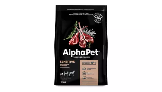 ALPHAPET Adult Sensitive Корм сух.ягненок с рисом д/собак мелких пород с чувств.пищевар.1,5кг