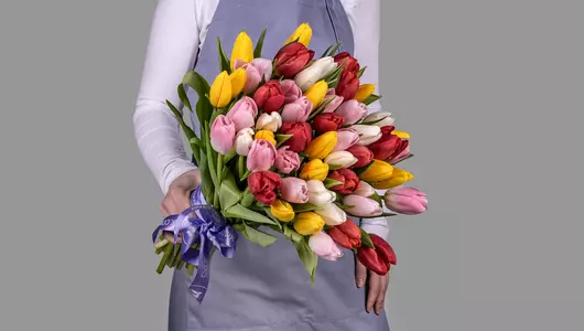 Букет из&nbsp;51 тюльпанов микс стандарт под&nbsp;ленту