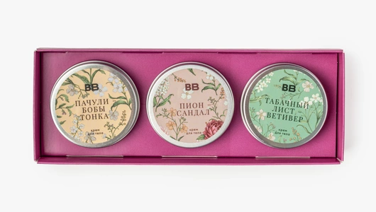 Набор кремов для&nbsp;тела "Пион-Сандал, Табачный лист-Ветивер, Пачули-Бобы тонка", 3 шт