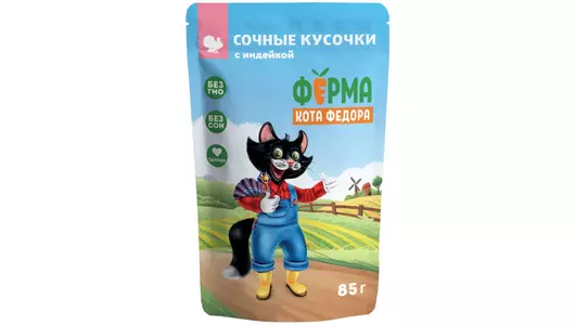 Влажный корм Мнямс сочные кусочки для любых кошек с индейкой Ферма линия Кот Федор 85г