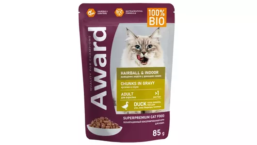 Влажный корм AWARD Hairball & Indoor для выведения шерсти у взрослых домашних кошек кусочки в соусе с уткой 85гр