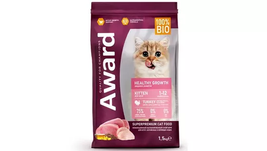 AWARD Healthy Growth Kitten Корм сух.индейка,кур.,рыб.жир,семяна льна д/котят,бер.и корм.кошек 1,5кг