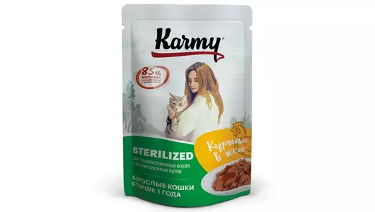 Паучи Karmy Sterilised Cat для стерилизованных кошек и кастрированных котов с курицей в желе 80гр