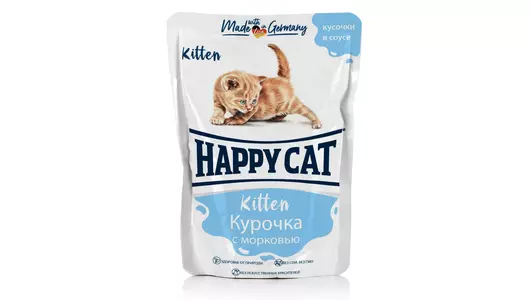 Паучи Happy Cat для котят любых пород, с курочкой и морковью, кусочки в соусе 85гр