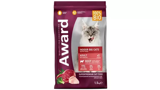 AWARD Indoor Big Cats Adult Корм сух.говяд,курица,брокколи д/домашних кошек круп.пор.1,5кг