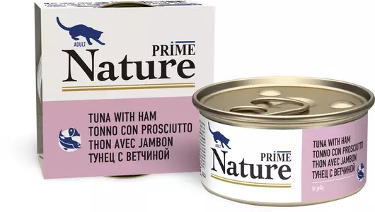 Влажный корм Prime Nature для любых кошек, тунец с ветчиной в желе 85гр