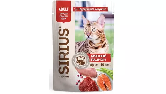 Влажный корм Sirius для любых кошек, кусочки в соусе "Мясной рацион" 85&nbsp;г