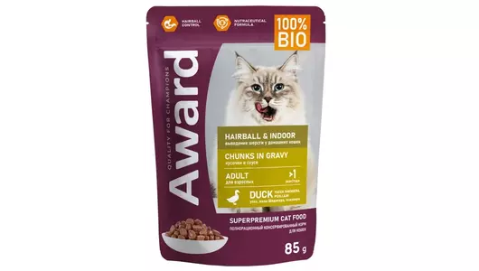 AWARD Hairball&Indoor Adult Корм влаж.утка кусочки в соусе д/выведения шерсти д/кошек пауч 85г