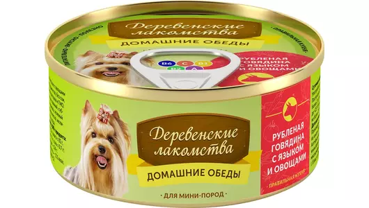 ДЕРЕВЕНСКИЕ ЛАКОМСТВА Корм влаж.рубленая говядина с языком и овощами д/собак мини пород конс.100г