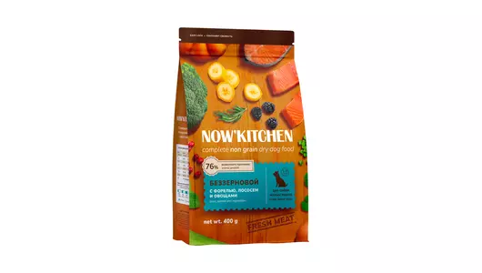 NOW'KITCHEN Полнорационный беззерновой корм для собак малых пород с форелью, лососем и овощами, 400г