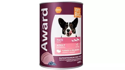 AWARD Adult Корм влаж.паштет из индейки с черникой д/собак конс.400г