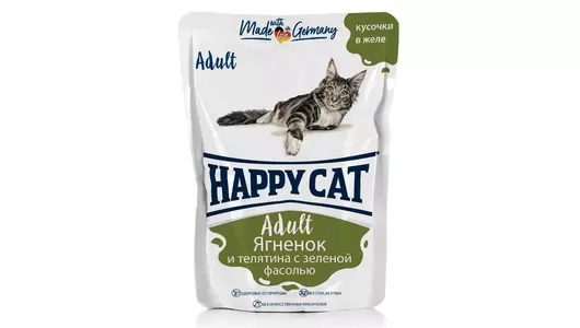 Паучи Happy Cat для кошек любых пород, ягненок и телятина с фасолью ,кусочки в желе 85гр