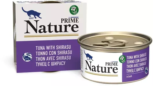 Влажный корм Prime Nature для любых кошек, тунец с ширасу в бульоне 85гр