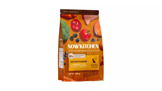 NOW'KITCHEN Полнорационный беззер. корм для щенков малых пород с индейкой, уткой, лососем и овощами, 400г