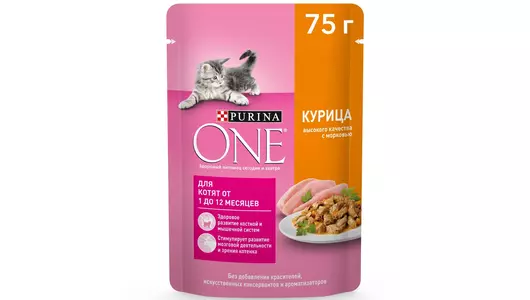 Влажный корм Purina One Kitten для котят, с курицей и морковью, кусочки в соусе, пауч 75 гр