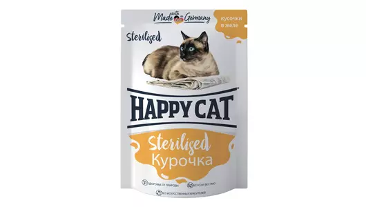Паучи Happy Cat Sterilised для стерилизованных кошек, кусочки в желе с курочкой 85гр