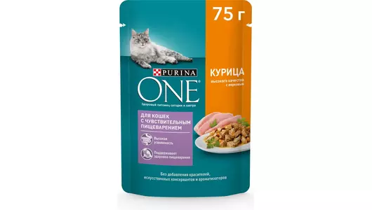 Влажный корм Purina ONE для кошек с чувствительным пищеварением, с курицей и морковью, пауч, 75г