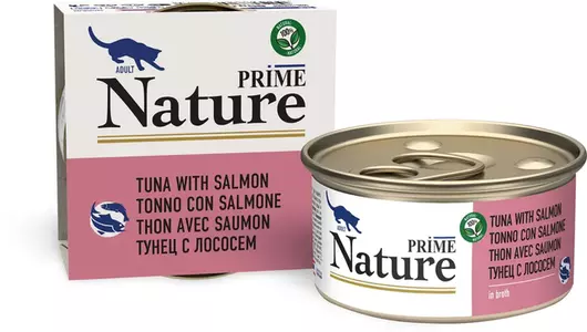 Влажный корм Prime Nature для любых кошек, тунец с лососем в бульоне 85гр