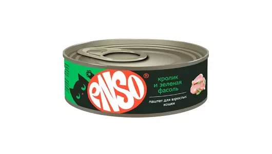 Корм влажный ENSO консервированный полнорационный для любых кошек, паштет с кроликом и зеленой фасолью, банка 100г