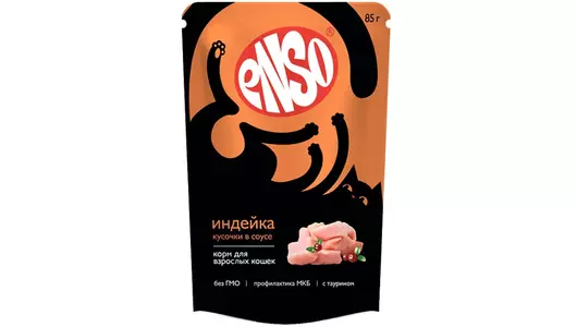 Корм влажный ENSO полнорационный для любых кошек, кусочки в соусе с индейкой, пауч 85г