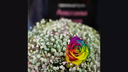 Букет из гипсофилы и крашеной розы в шляпной коробке Букет из гипсофилы и крашеной розы в шляпной коробке