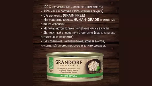 GRANDORF Корм влаж.куриная грудка д/кошек конс.70г