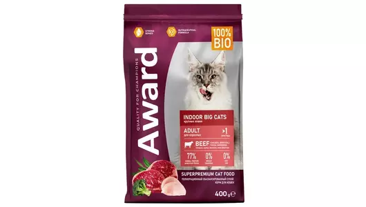 AWARD Indoor Big Cats Adult Корм сух.говяд,курица,брокколи д/домашних кошек круп.пор.400г