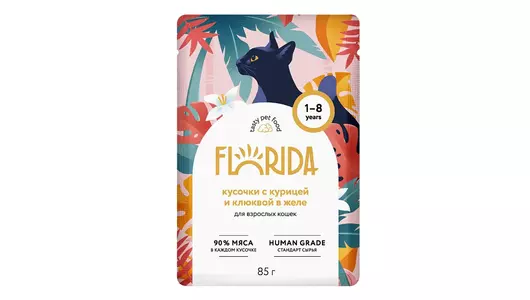 Влажный корм для любых кошек Florida с курицей и клюквой в желе 85гр