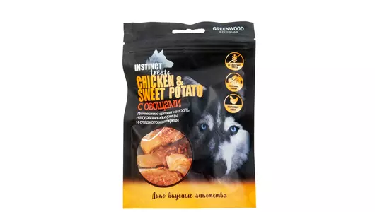 GREENWOOD INSTINCT TREATS Лакомство для собак «Куриное филе со сладким картофелем», кусочки, 80гр