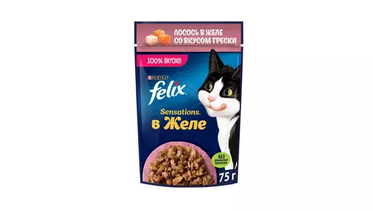 Влажный корм Felix Sensations для взрослых кошек, с лососем в желе с добавлением трески 75&nbsp;г