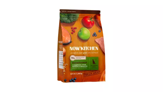 NOW'KITCHEN Полнорационный беззер.корм для пожилых кошек с индейкой, уткой, лососем и овощами, 1.36кг