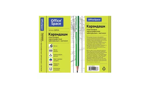 Карандаш чернографитный OfficeSpace HB трехгранный с ластиком заточенный цвет ассорти 1 шт Карандаш чернографитный OfficeSpace HB трехгранный с ластиком заточенный цвет ассорти 1 шт