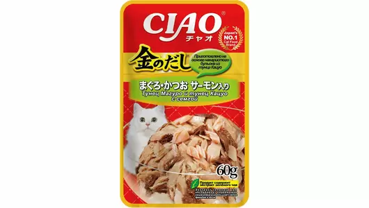 Паучи Inaba Ciao Kinnodashi для любых кошек, тунец Магуро, тунец Кацуо и сёмга 60гр