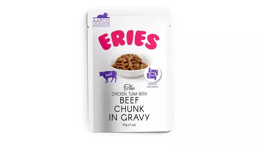 Влажный корм Pettric ERIES для любых кошек Говядина с курицей и тунцом, кусочки в соусе 85г