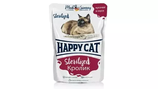 Паучи Happy Cat Sterilised для стерилизованных кошек, кусочки в соусе с кроликом 85гр Паучи Happy Cat Sterilised для стерилизованных кошек, кусочки в соусе с кроликом 85гр