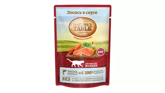 Влажный корм для любых кошек Nature's Table с лососем, кусочки в соусе 85гр