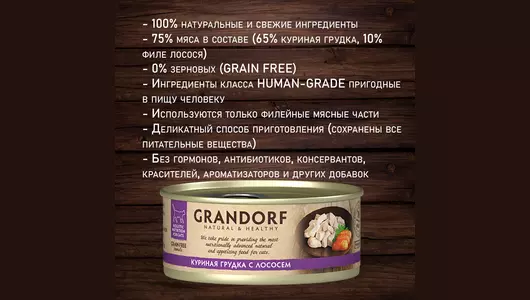 GRANDORF Корм влаж.куриная грудка с лососем д/кошек конс.70г
