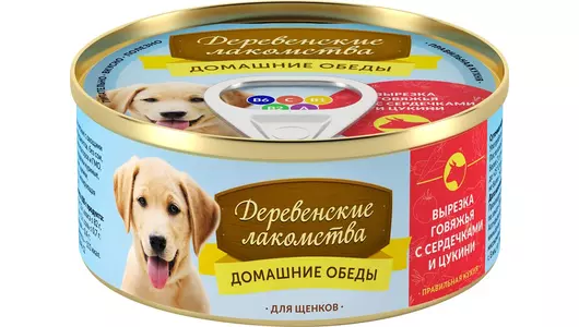 ДЕРЕВЕНСКИЕ ЛАКОМСТВА Корм влаж.вырезка говяжья с сердечками и цукини д/щенков конс.100г