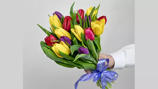 Букет из&nbsp;15 тюльпанов микс стандарт под&nbsp;ленту