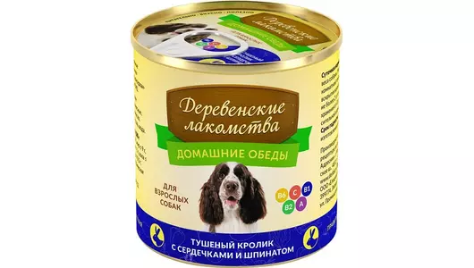 ДЕРЕВЕНСКИЕ ЛАКОМСТВА Корм влаж.тушеный кролик с сердечками и шпинатом д/собак конс.240г