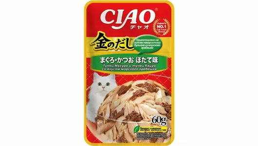 Паучи Inaba Ciao Kinnodashi для любых кошек, тунец Магуро, тунец Кацуо и морской гребешок 60гр