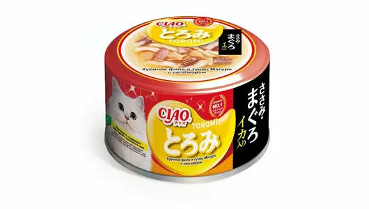 Влажный корм Inaba CIAO TOROMI для любых кошек, Филе курицы, тунец Магуро и кальмары в бульоне (банка) 80гр