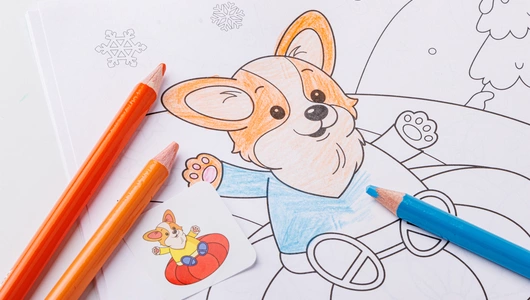 Книжка-раскраска с наклейками "Корги и зимние истории"