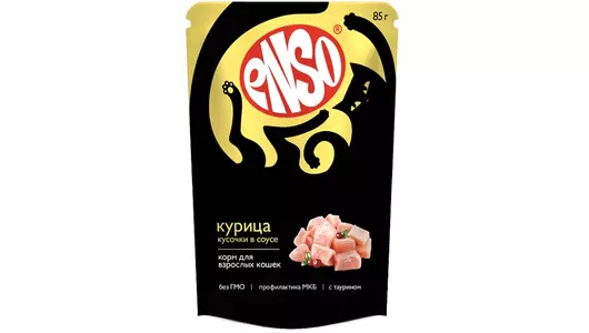 Корм влажный ENSO полнорационный для любых кошек, кусочки в соусе с курицей, пауч 85г